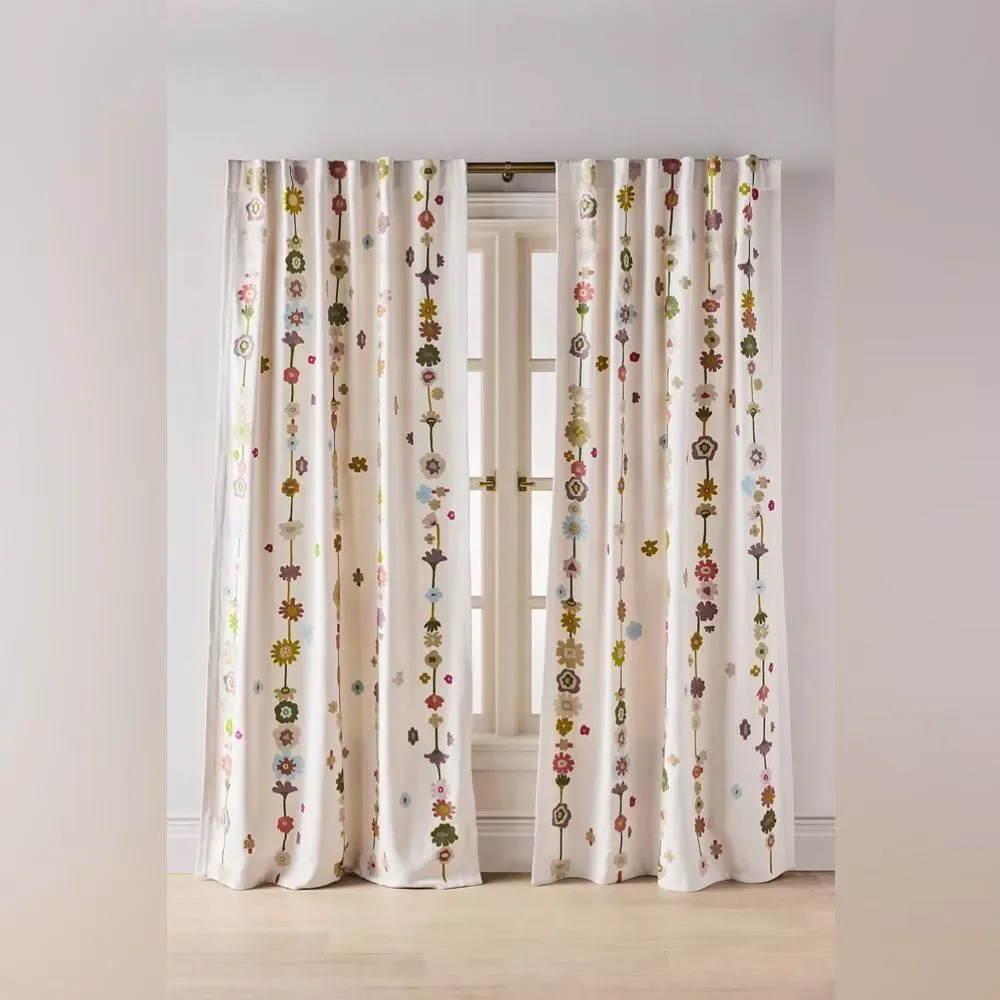 New Amthropologie Embroidered Cotton Abstract Floral Curtain